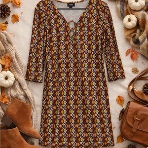 Tacera Retro Geometric Print Dress Size 1X Boho V-Neck 3/4 Sleeve Shift Dress